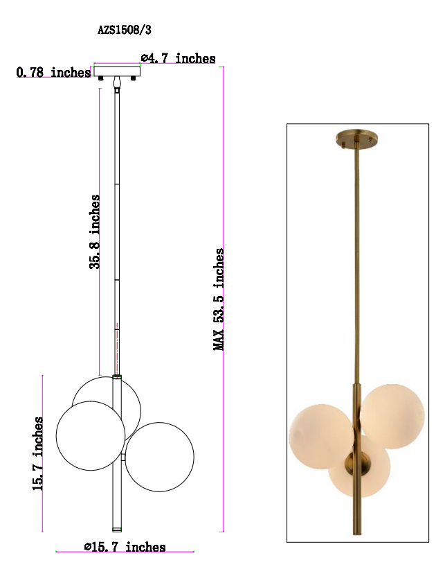 Pinar 3 Light pendant with Polar Glass